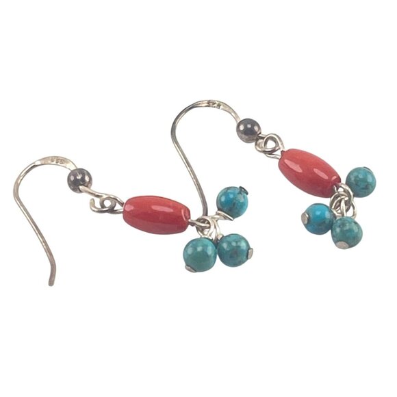 Handcrafted Silver Hook Earrings With Red & Turquoise Beads Boho - Picture 4 of 6